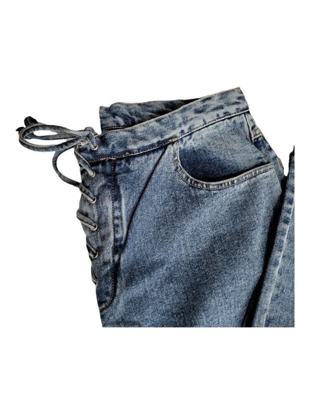 NEWPORT News Jeanology High Rise Mom Jeans Blue Denim Tie Closure Size 14 - Picture 5 of 9